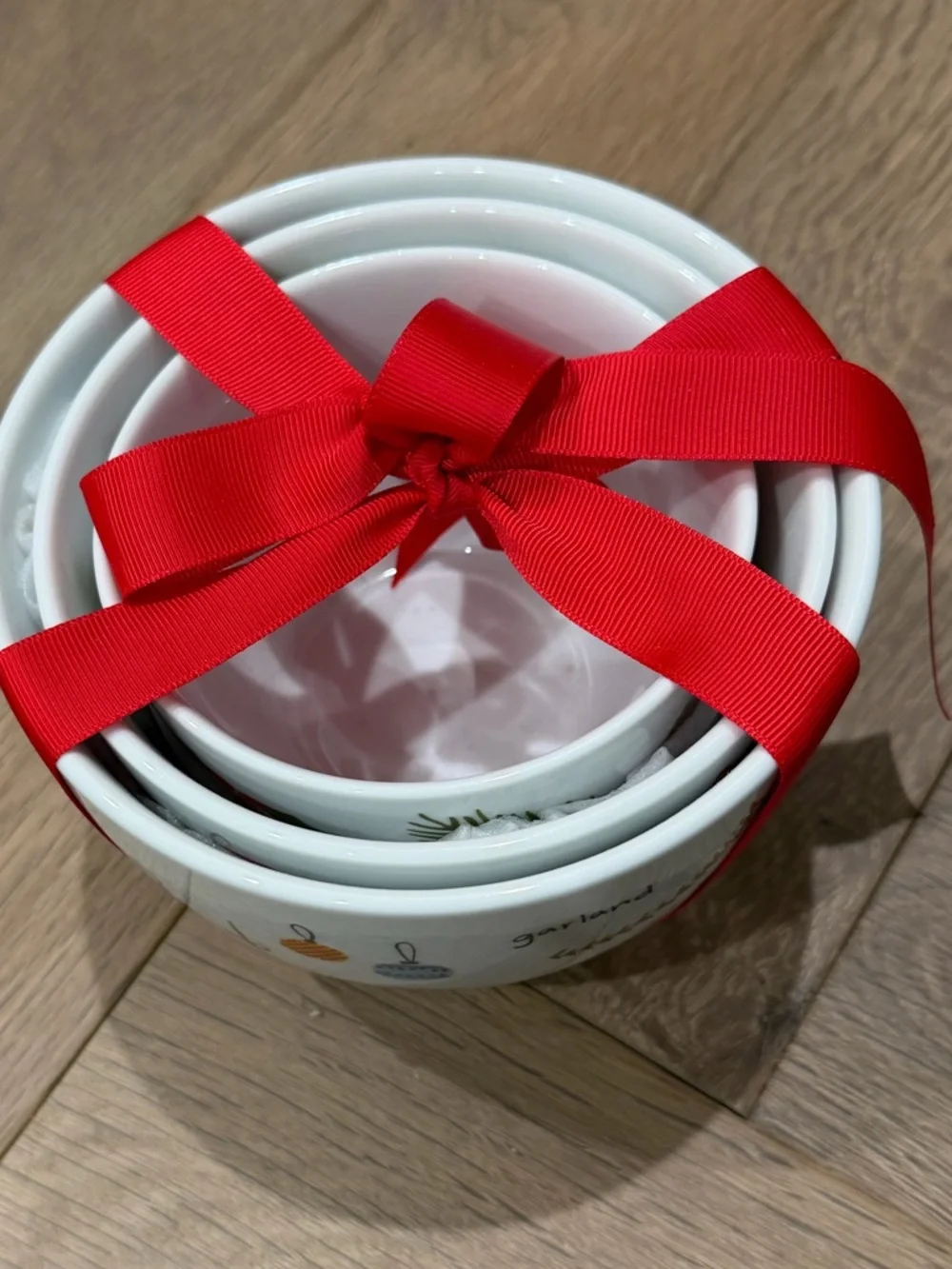 Crate and Barrel Holiday Baubles Ceramic Nesting Bowls with Red Ribbon
